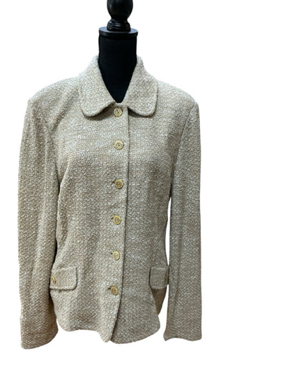 St. John Collection Boucle Knit Jacket Tan Green Peter Pan Collar Size 16