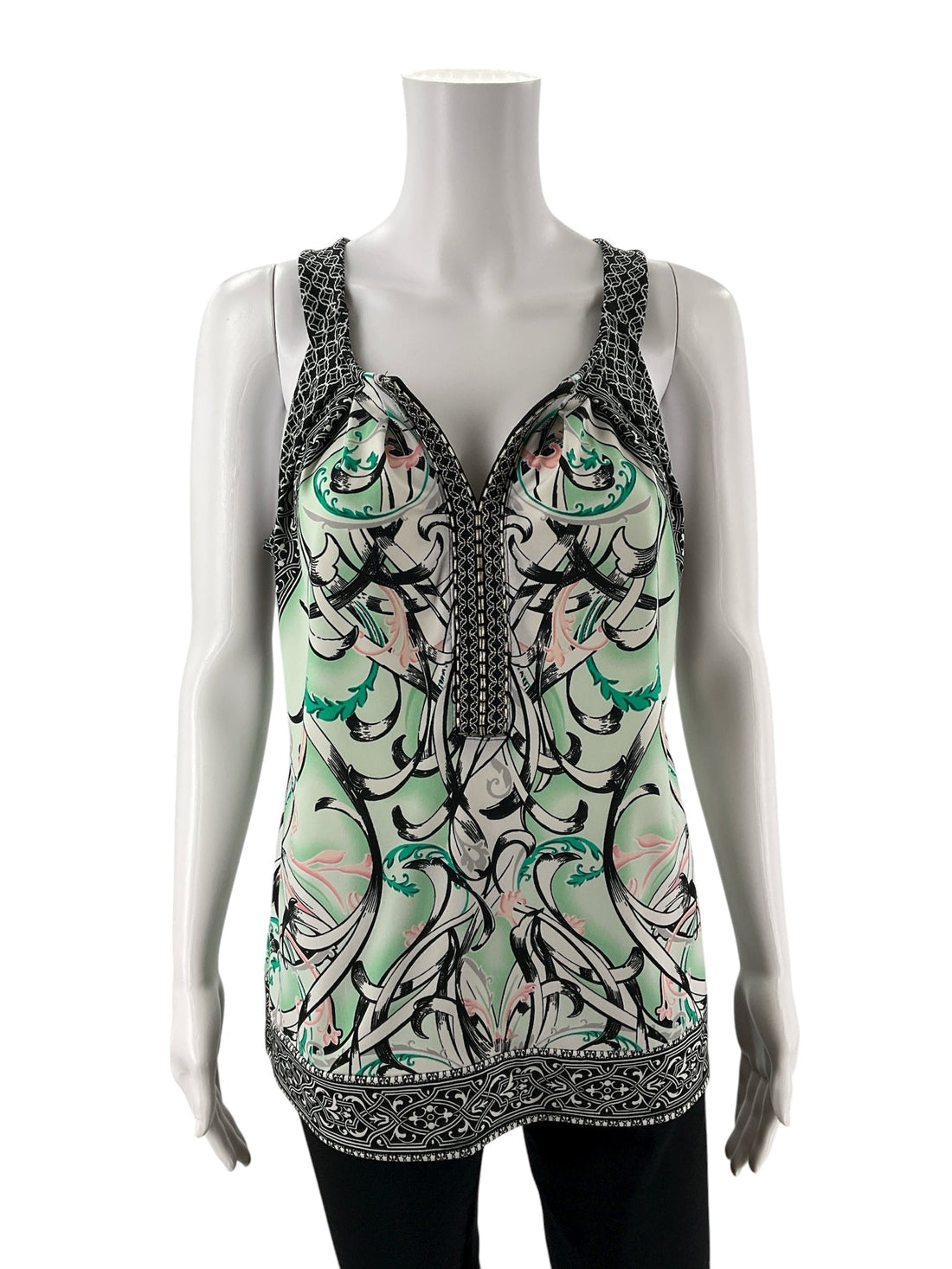 White House Black Market White/Black/Mint Print Pre-Owned Ladies Top - Size Small - Margaret’s Fine Consignment