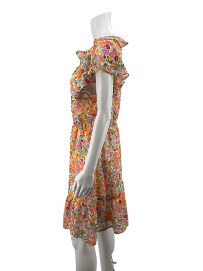 Marissa Olivia White/Pink/Orange Floral Floral Ruffle V-Neck Tiered Dress Size Small - Size S