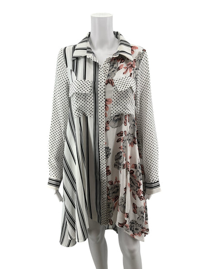 Why Dress White/Black/Pink Floral Mixed Print Floral &amp; Stripe Button-Down Shirt Dress Size Medium - Size M