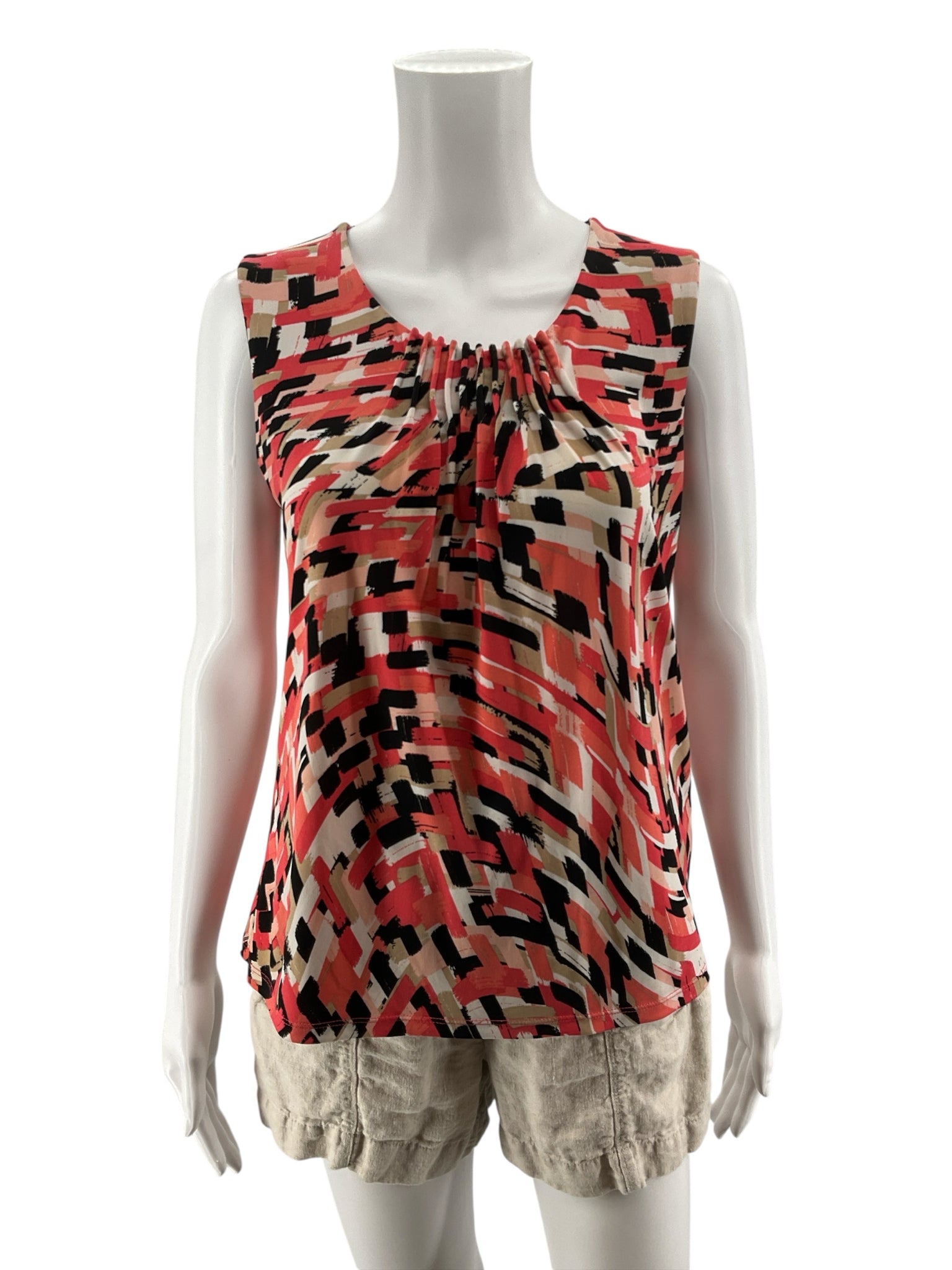 Jones Studio Abstract Print Sleeveless Top Blouse Coral Black White Size Small