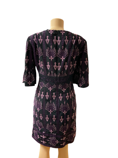 Nanette Lepore Black Purple Embroidered Bell Sleeve Mini Dress Size 12