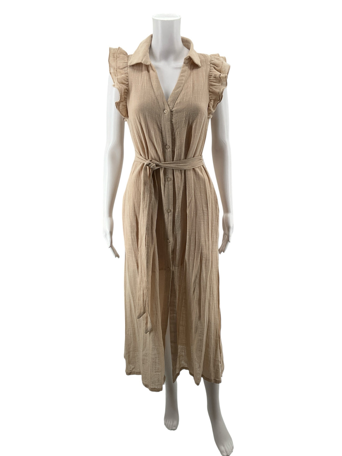 Fate Tan Maxi Tan Cotton Gauze Ruffle Sleeve Button Front Maxi Dress Size Small - Size S