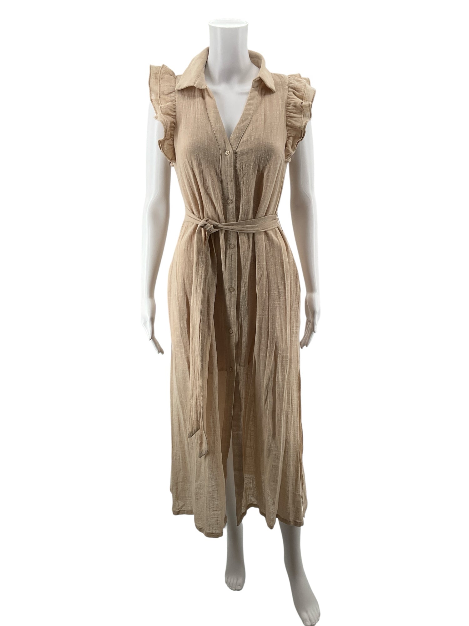 Fate Tan Maxi Tan Cotton Gauze Ruffle Sleeve Button Front Maxi Dress Size Small - Size S