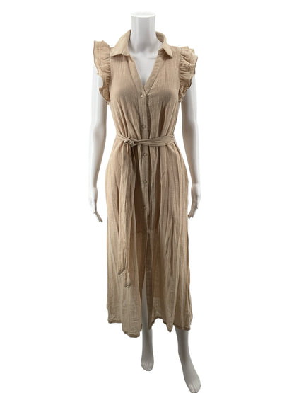 Fate Tan Maxi Tan Cotton Gauze Ruffle Sleeve Button Front Maxi Dress Size Small - Size S