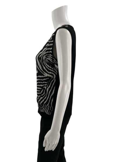 Jones New York gray and black animal print sleeveless blouse, mixed-media design, size large petite, knit back.