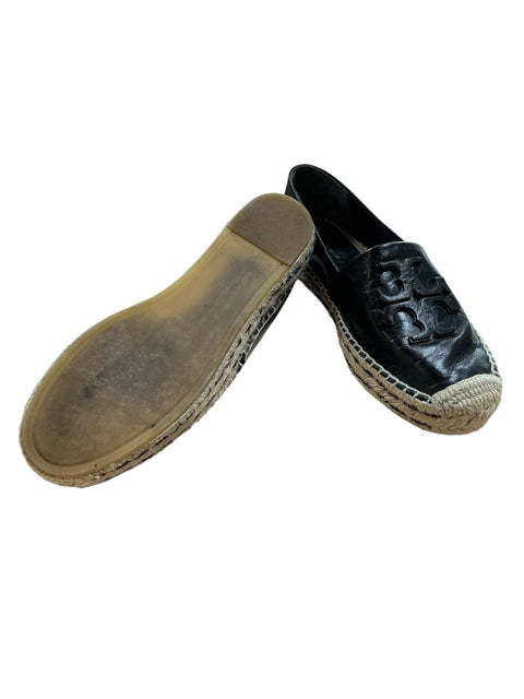 Tory Burch Ines Black Leather Double T Logo Espadrille Flats Size 9
