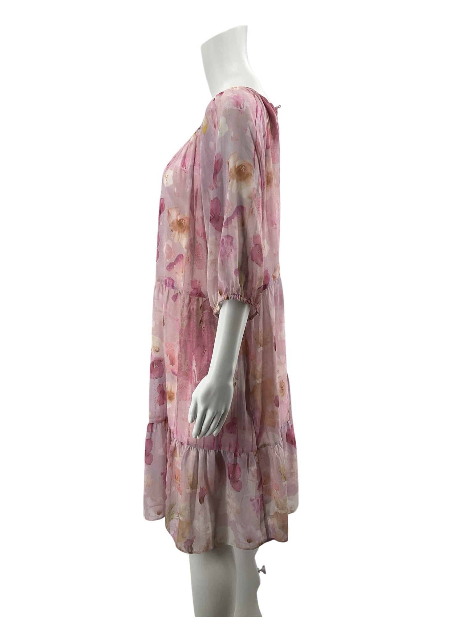 Melloday Pink Floral Tiered Puff Sleeve Midi Dress | Size Large