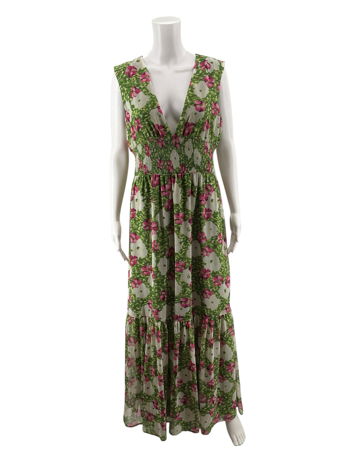 bar III green/pink Maxi Green &amp; Pink Floral Pleated Chiffon Maxi Dress XL - Size XL