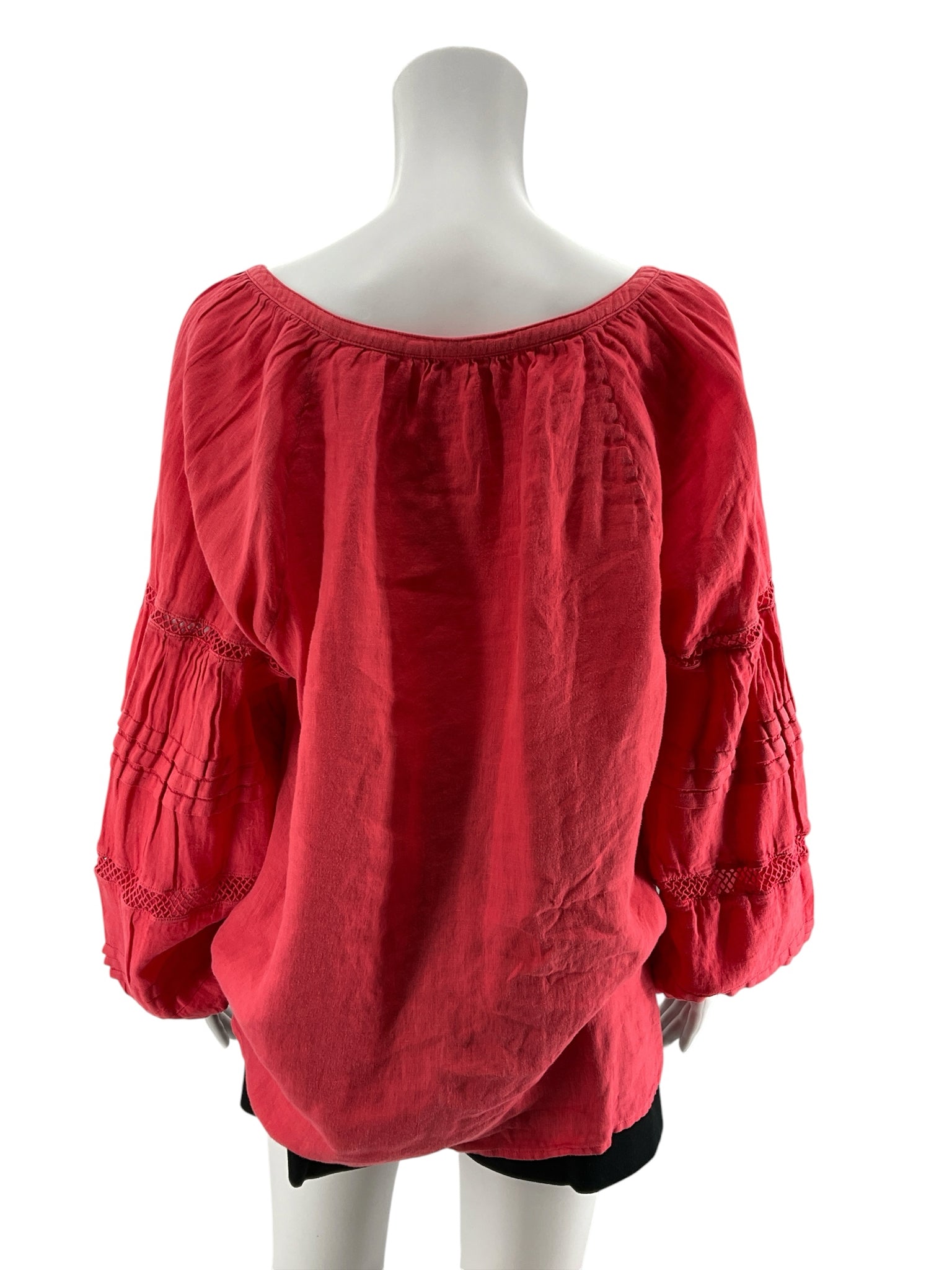 Lilly Pulitzer Katrina Linen Top Coral Crochet Lace Bishop Sleeve Blouse Size Large