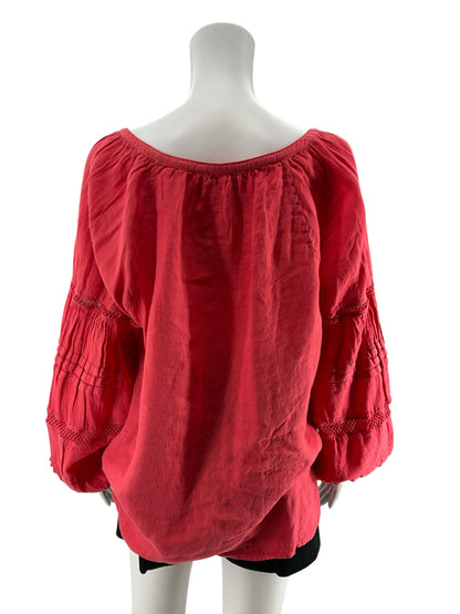 Lilly Pulitzer Katrina Linen Top Coral Crochet Lace Bishop Sleeve Blouse Size Large