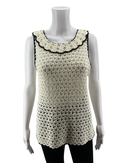 BiBi Cream/Black Sleeveless Cream Crochet Knit Tank Top Scalloped Black Trim Boho Sleeveless Top Size Large - Size L