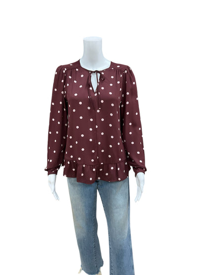 Loft Maroon &amp; Pink Polka Dot Tie Neck Ruffle Hem Blouse Size Small