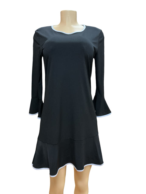 MICHAEL Michael Kors Black White Trim Bell Sleeve Ruffle Hem Dress Size Medium- ONLINE ONLY