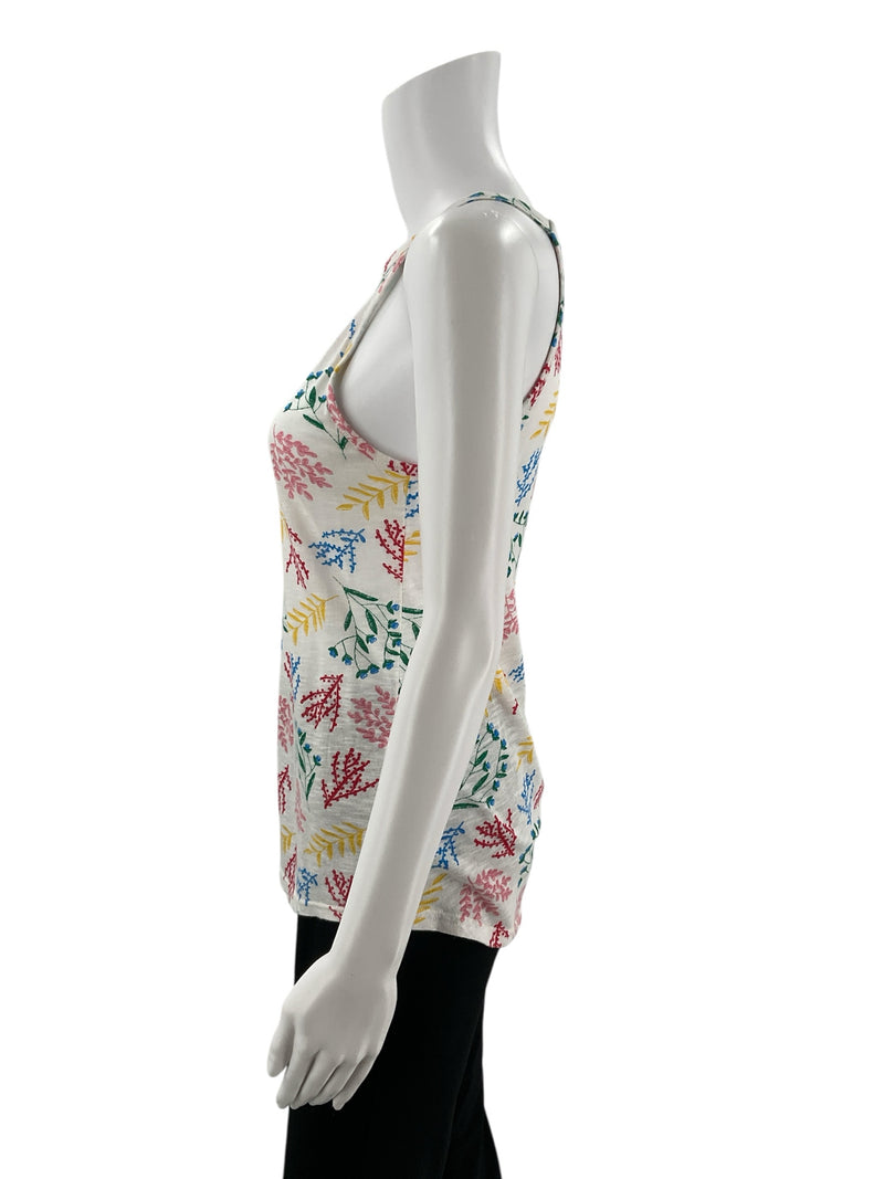 Side profile of Gap White/Multi Floral Pre-Owned Ladies Top - Size XS on mannequin, showing sleeveless cut and relaxed A-line silhouette.