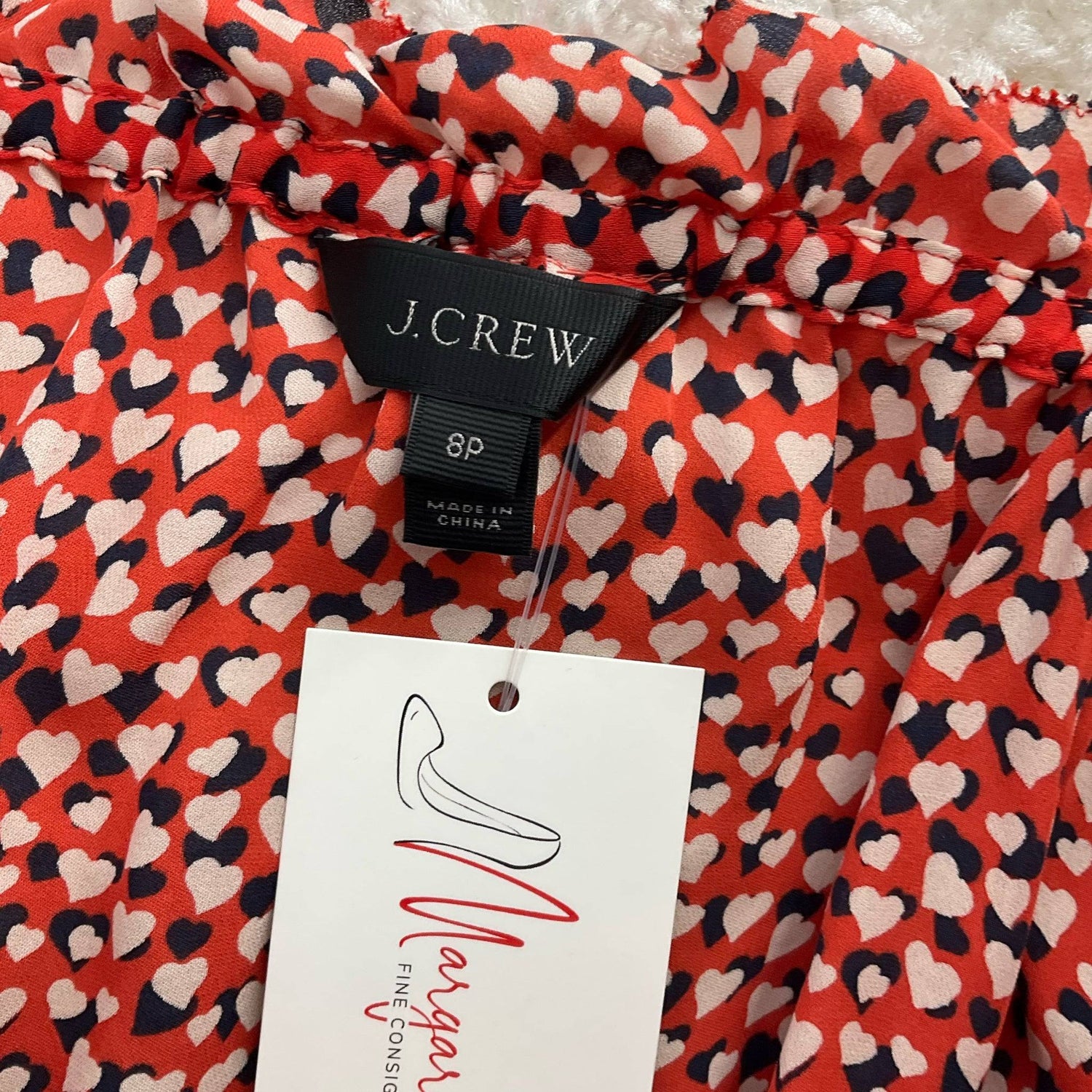 J Crew Orange/Navy/Cream Hearts Pre-Owned Ladies Top - Size 8 Petite - Margaret’s Fine Consignment