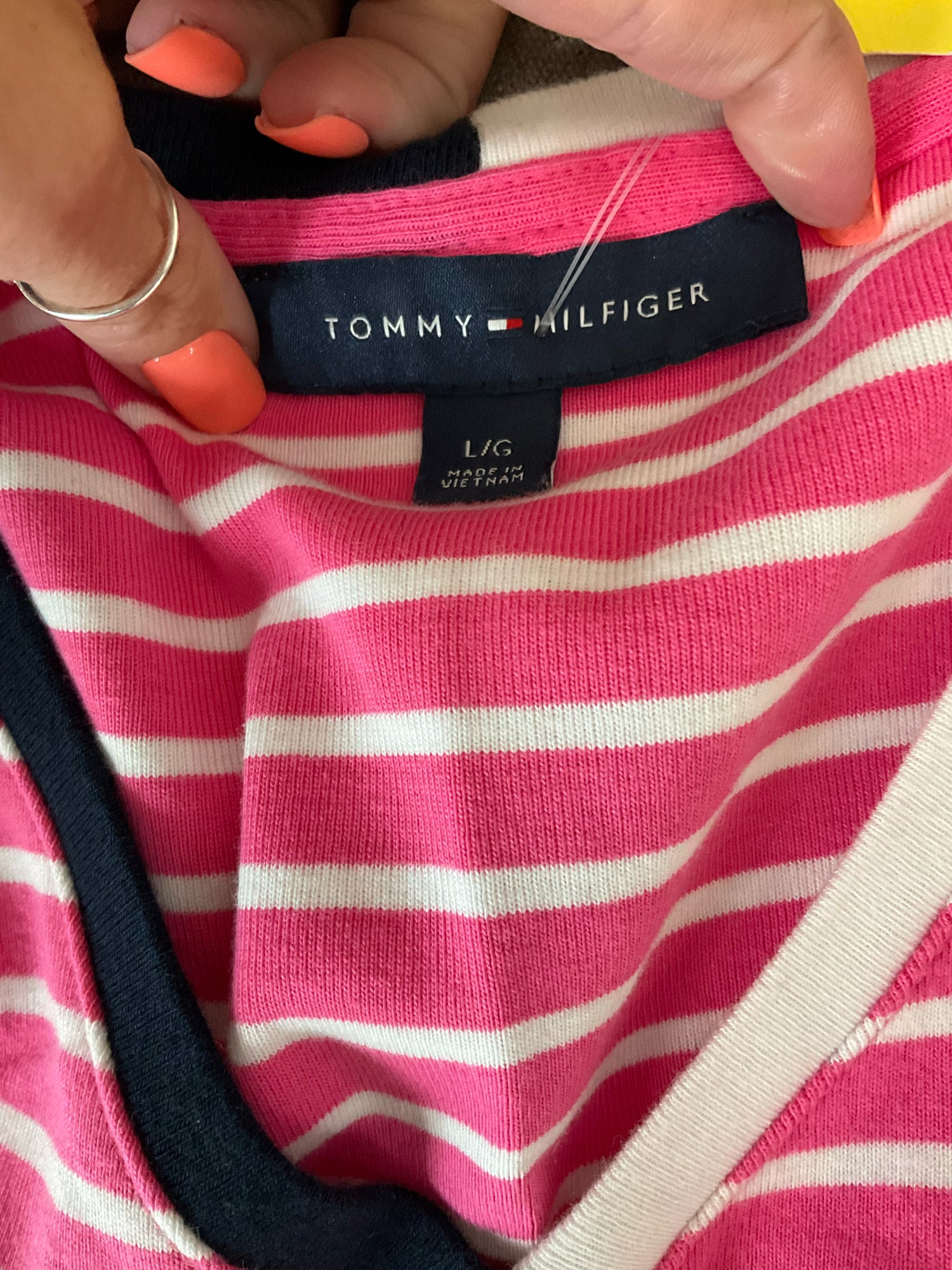 Tommy Hilfiger Striped T-Shirt Dress Pink White Navy V-Neck Cotton Size Large