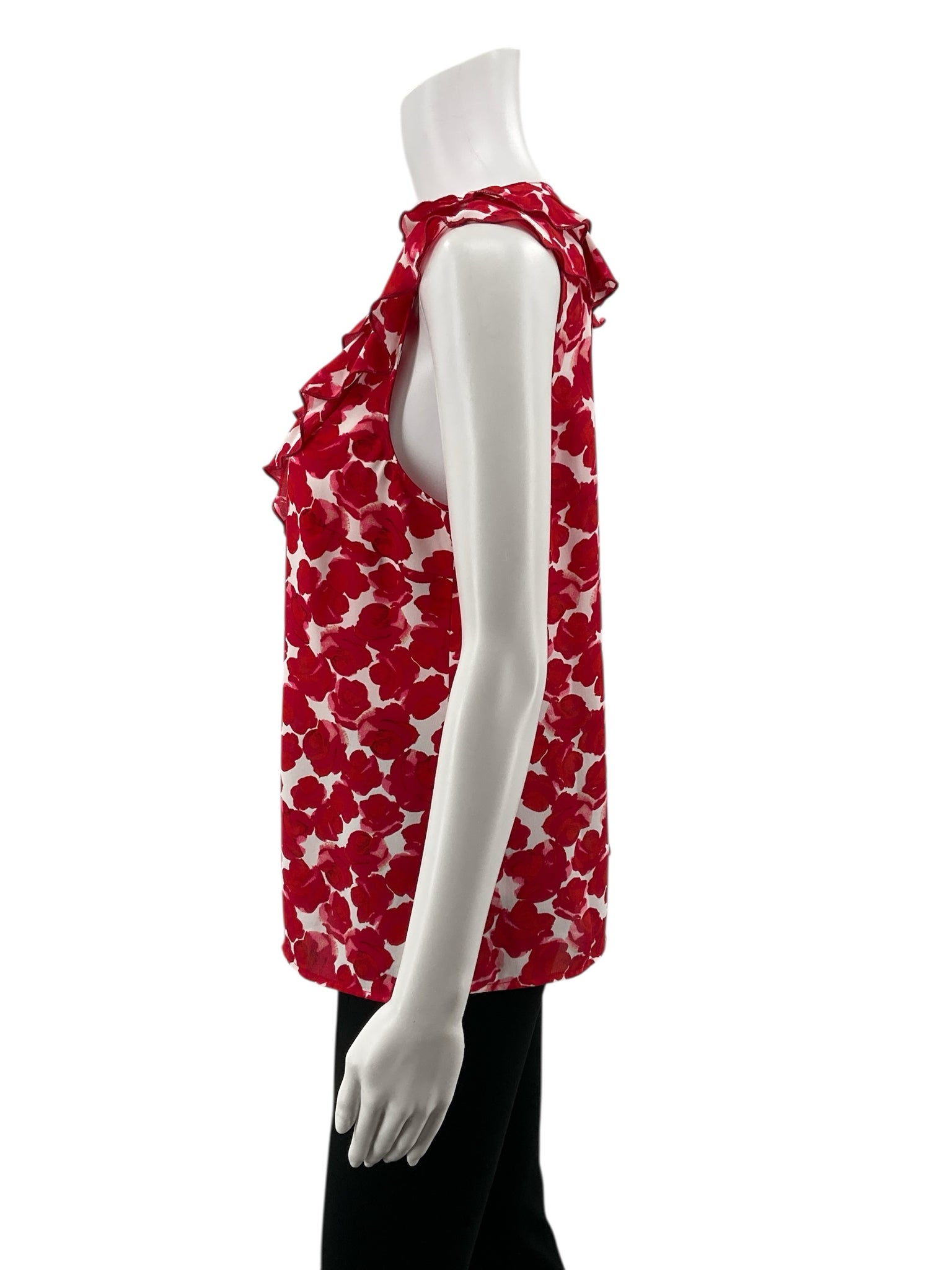 cabi White/Red Sleeveless Rose Top Floral Ruffle V-Neck Sleeveless Blouse Size Small - Size S