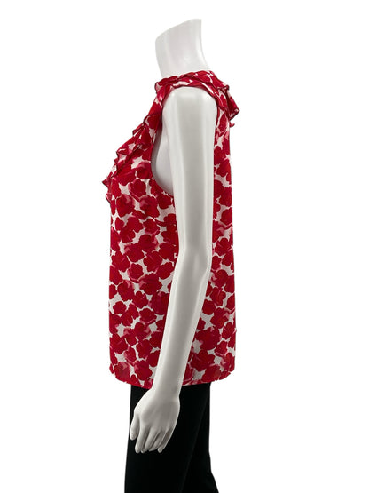 cabi White/Red Sleeveless Rose Top Floral Ruffle V-Neck Sleeveless Blouse Size Small - Size S