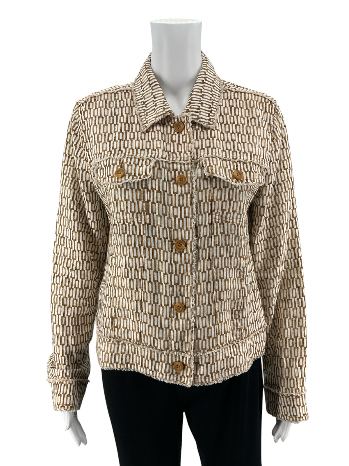 Tommy Bahama Two Palms Linen Raw Edge Jacket Tan Chain Link Print Size Medium