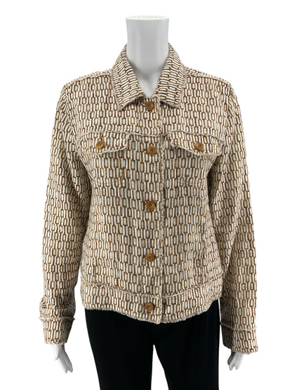 Tommy Bahama Two Palms Linen Raw Edge Jacket Tan Chain Link Print Size Medium