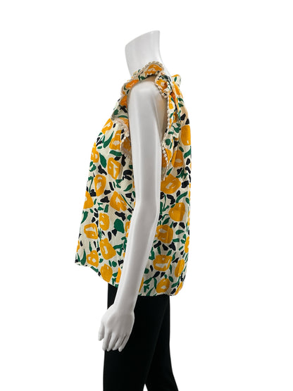 THML cream/yellow/green Cap Sleeve Floral Flutter Sleeve Pom Pom Trim Blouse Top Size Medium - Size M