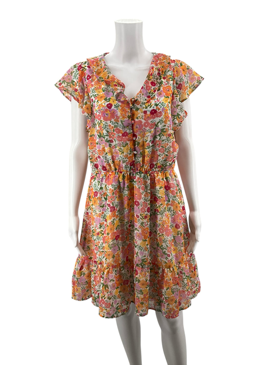 Marissa Olivia White/Pink/Orange Floral Floral Ruffle V-Neck Tiered Dress Size Small - Size S