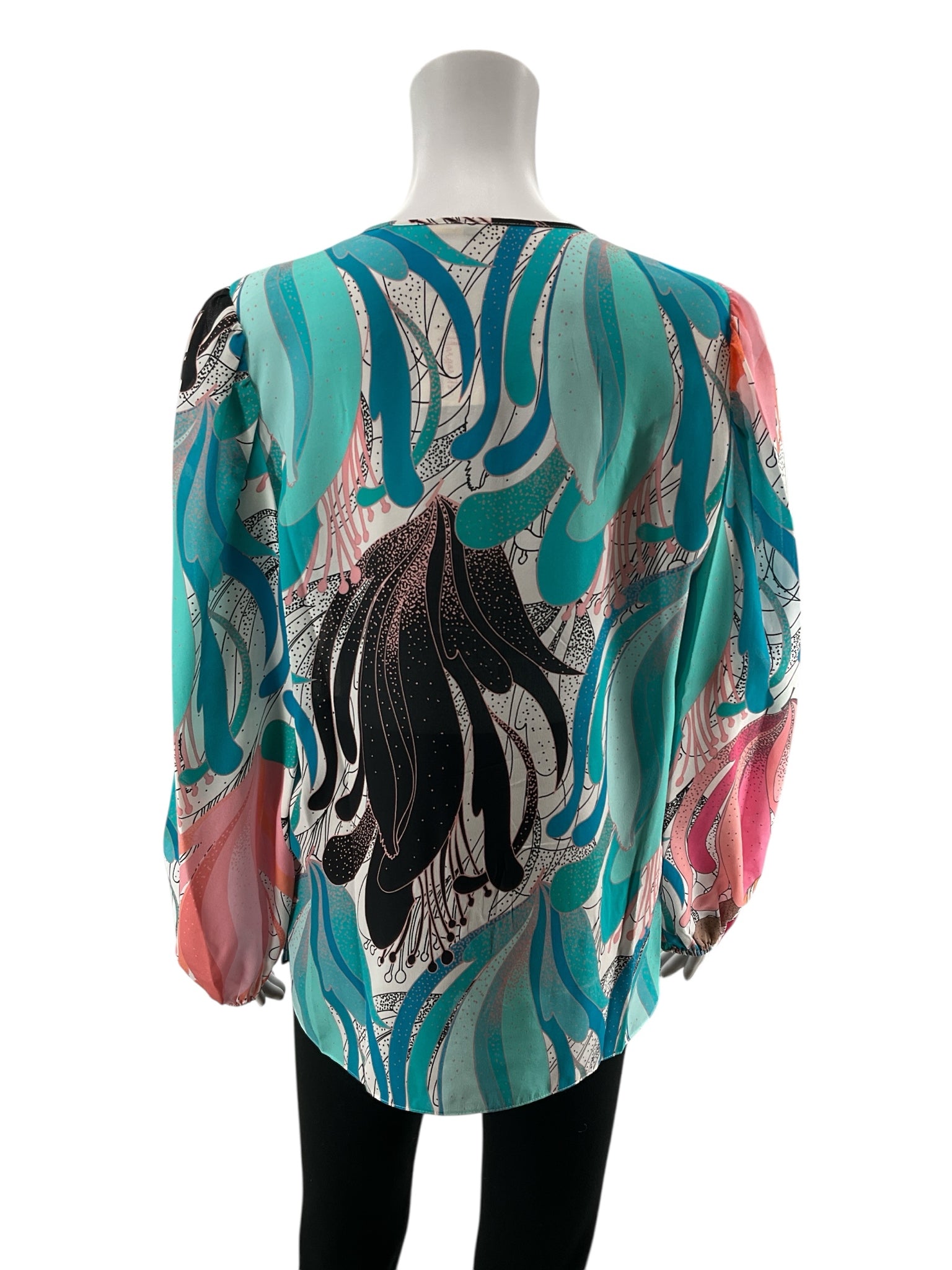 Kobi Halperin Teal/Pink/Blush Long Sleeve Maeve Blouse Size Medium Teal Pink Floral 100% Silk Bohemian Top - Size M