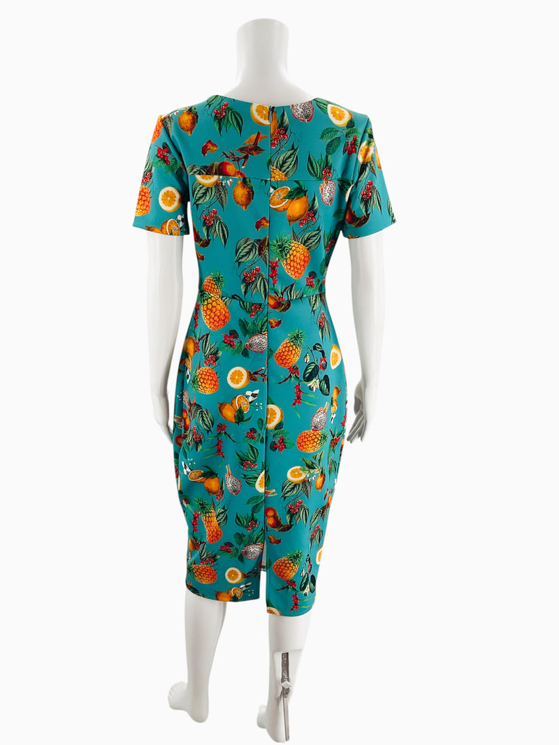 Back view of Alexia Admor tropical fruit print scuba dress in turquoise, showing zip closure and flattering bodycon fit, size small.
