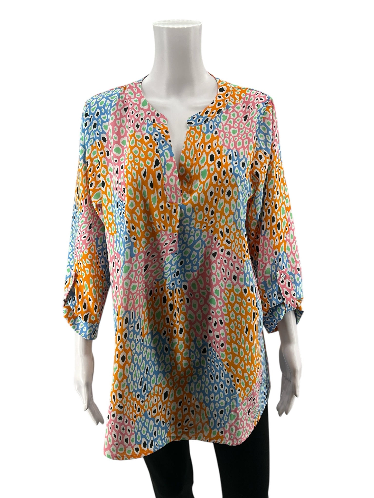 Jodifl Multi Color 3/4 Sleeve Colorful Animal Print Roll-Tab Tunic Blouse Size Large - Size L