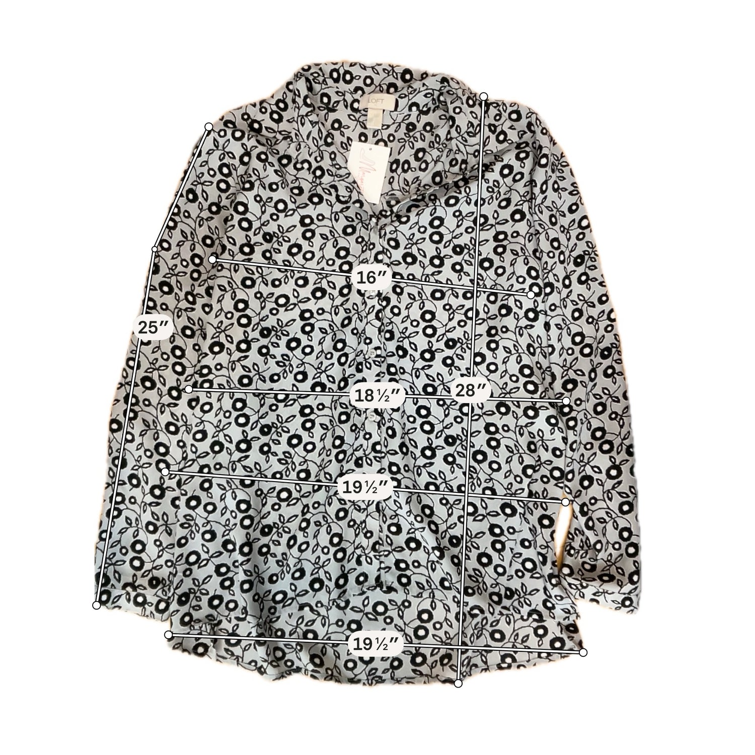 LOFT Ann Taylor Gray Abstract Floral Roll-Tab Blouse Size Large