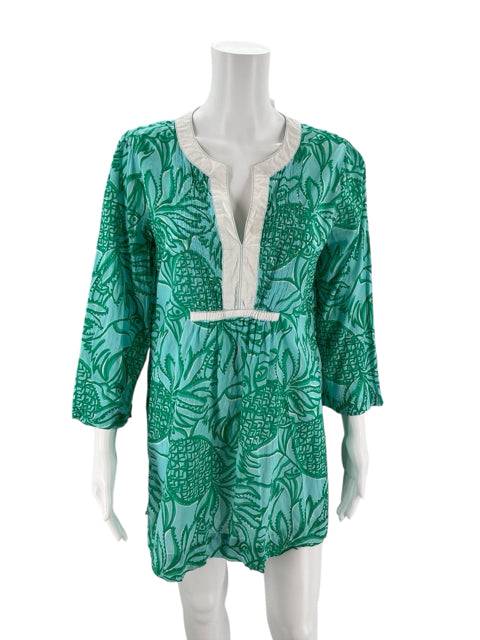 Lilly Pulitzer Floral Coverup Size Large displayed on mannequin, featuring green botanical print and white ruched neckline, sold by Margaret’s Consignment.