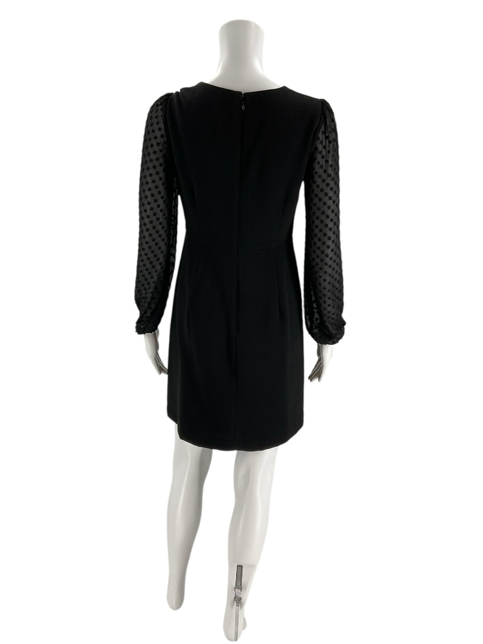 Back view of Ann Taylor Black Petite Dress with sheer dotted sleeves, gently used and elegant from Margaret&