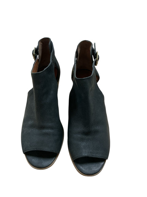 Lucky Brand Ada Peep-Toe Block Heel Booties Black Leather | Size 8M