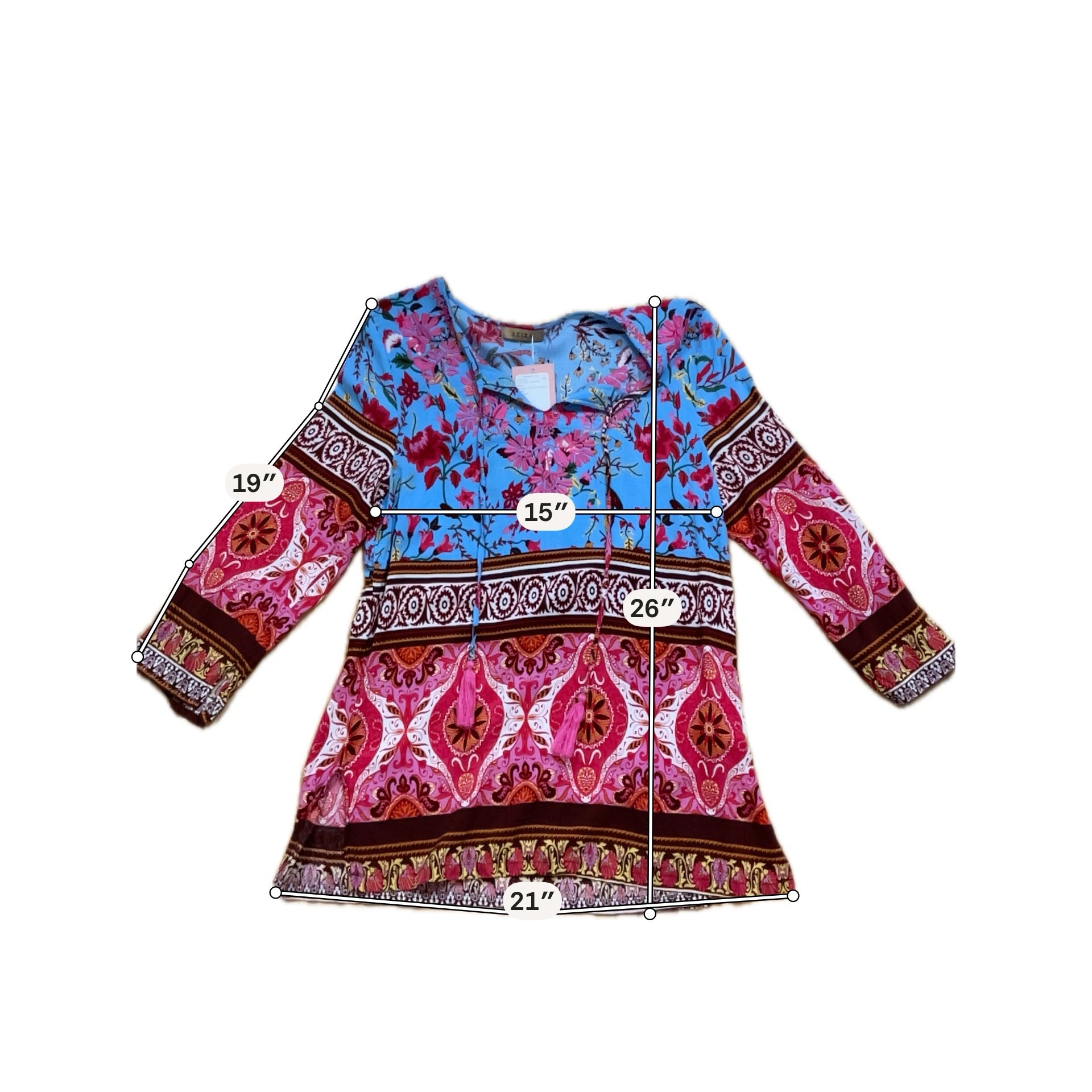 Aziza Blue Pink Floral Tassel Tie Bohemian Tunic Top Size Large