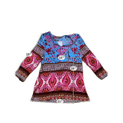 Aziza Blue Pink Floral Tassel Tie Bohemian Tunic Top Size Large