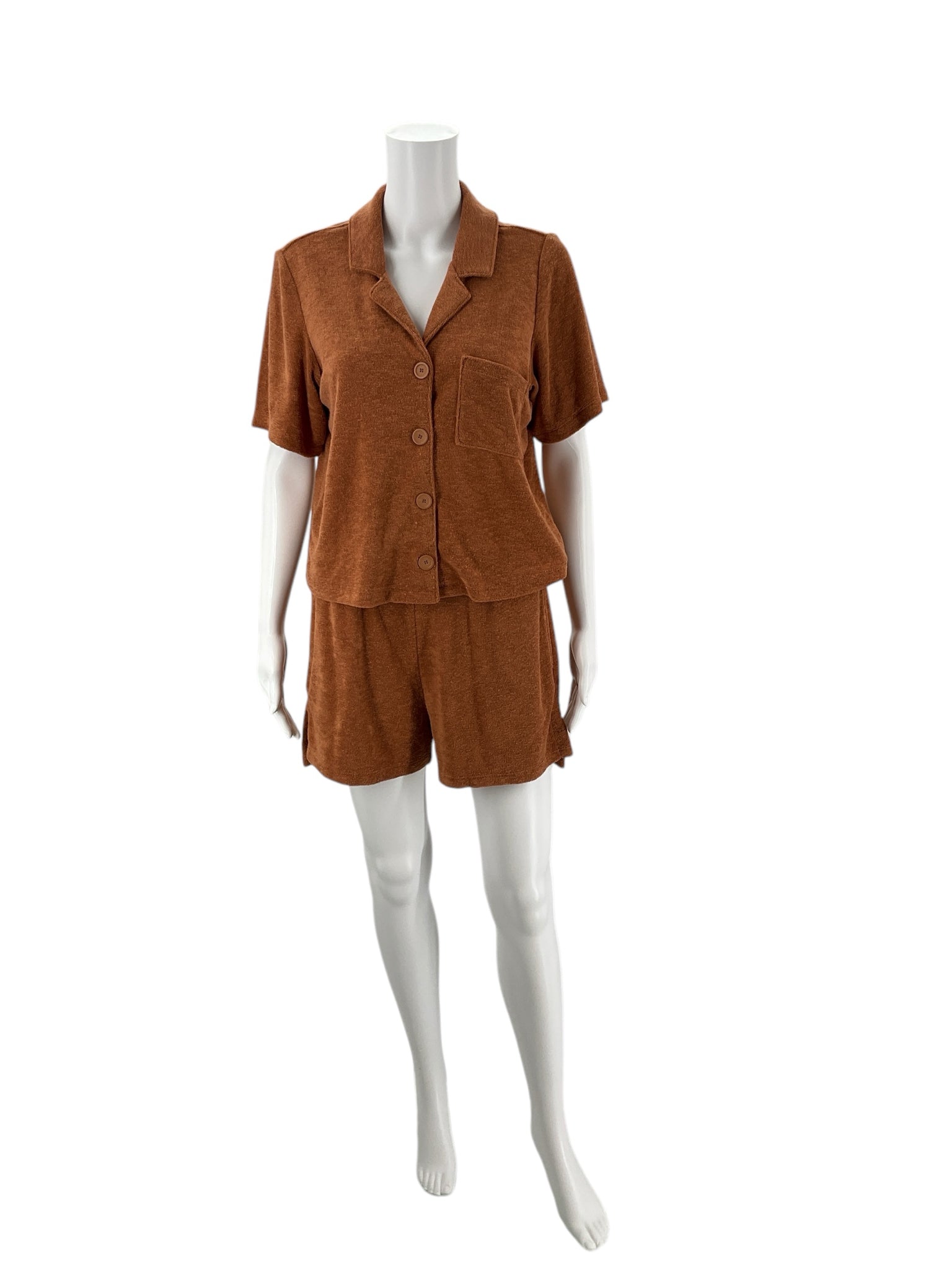 Marine Layer Rust 2 Piece Set Size Medium featuring a short-sleeve button-up top and matching shorts, ideal for casual wear or lounging.