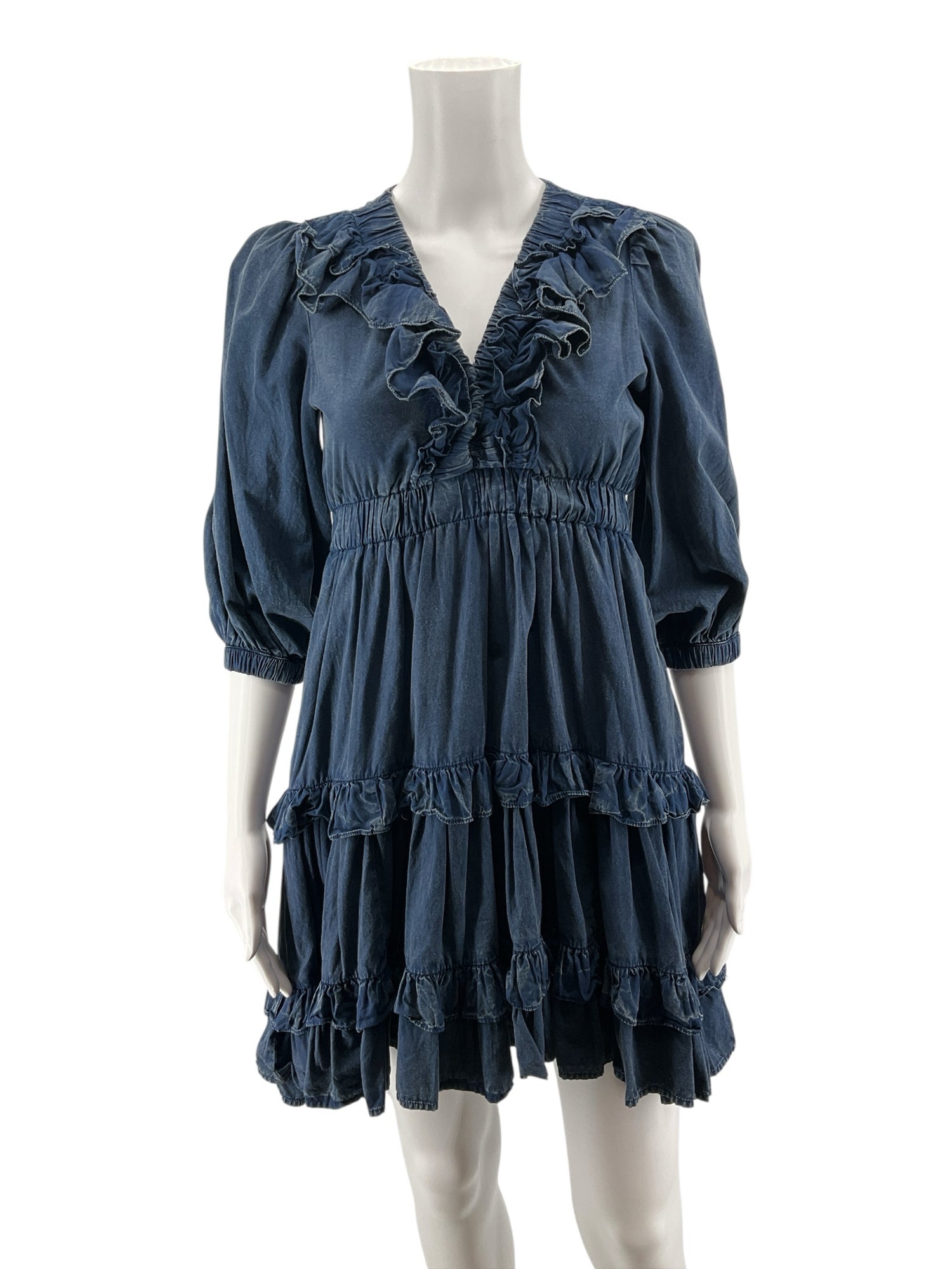 Pilcro Tiered Ruffle V-Neck Denim Mini Dress Blue Size Small Petite