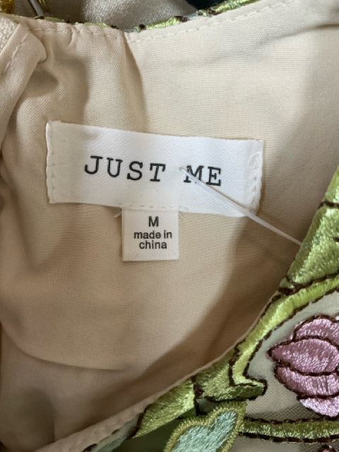 Just Me Embroidered Floral Tulle Mini Dress Green Pink Purple Size Medium