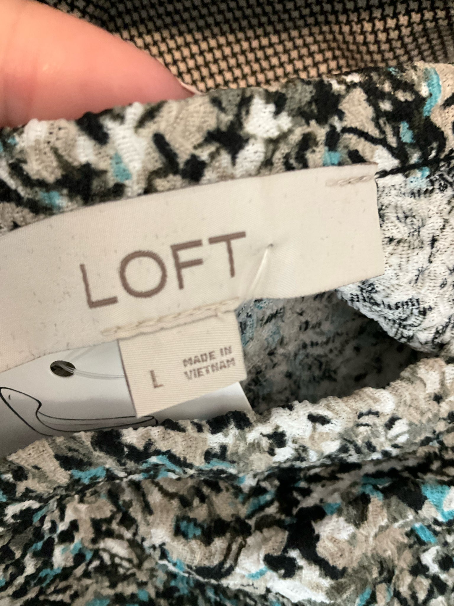 LOFT Abstract Print Smocked Cuff Blouson Top Black Aqua Size Large