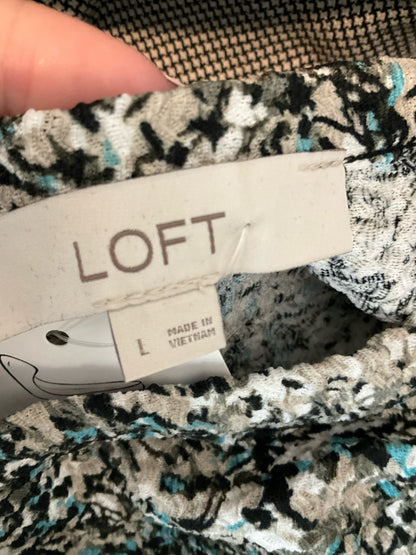 LOFT Abstract Print Smocked Cuff Blouson Top Black Aqua Size Large