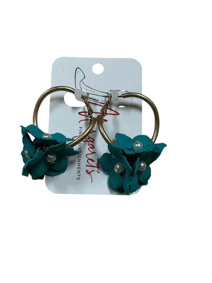 Teal Floral Pearl Gold-Tone Hoop Drop Earrings