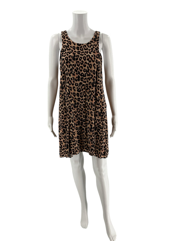 Front view of Blue Rain Brown/Black Print Pre-Owned Ladies Dress on mannequin, showcasing mini length and casual sleeveless style.