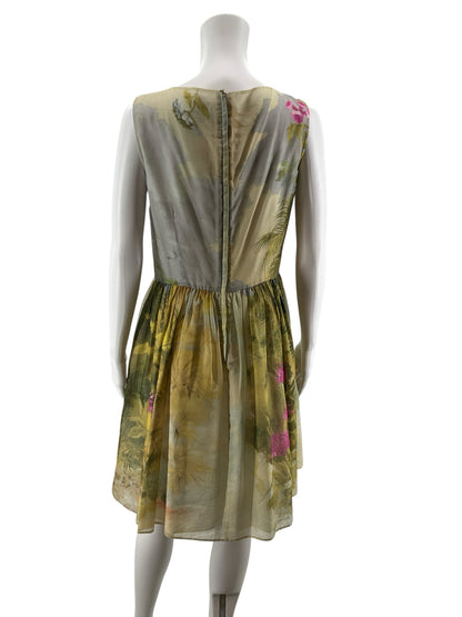 Red Valentino Green &amp; Pink Tropical Toile Print Sleeveless Dress | Size 10