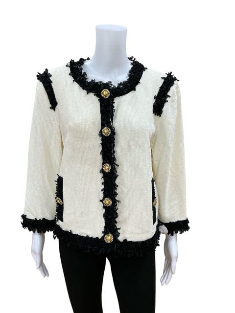 St. John Couture Cream/Black Jacket Ivory &amp; Black Fringe Trim Bouclé Knit Jacket Size 16 NWT - Size 16