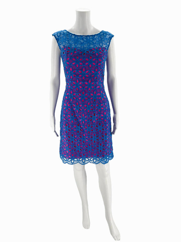 Front view of Lilly Pulitzer Dress Size 2 with blue lace overlay and pink lining, sleeveless and knee-length. Shop at Margaret’s Fine Consignments.