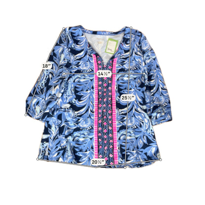 Lilly Pulitzer Willa Tunic Top Print V-Neck Blue Pink Pre-Owned Size L - Downstairs