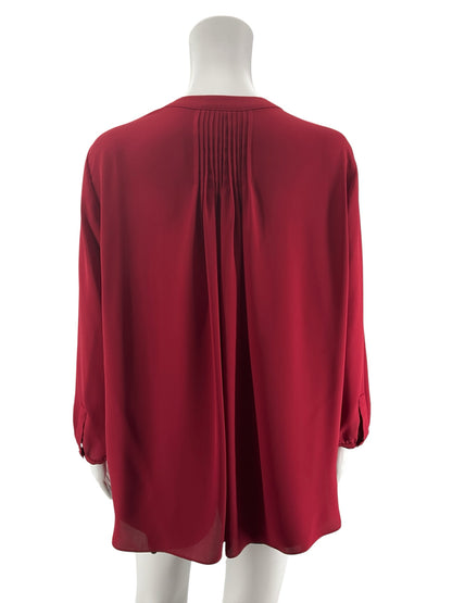 NYDJ Pleat Back Henley Blouse Red Roll Tab Sleeve Top Size Large - ONLINE ONLY