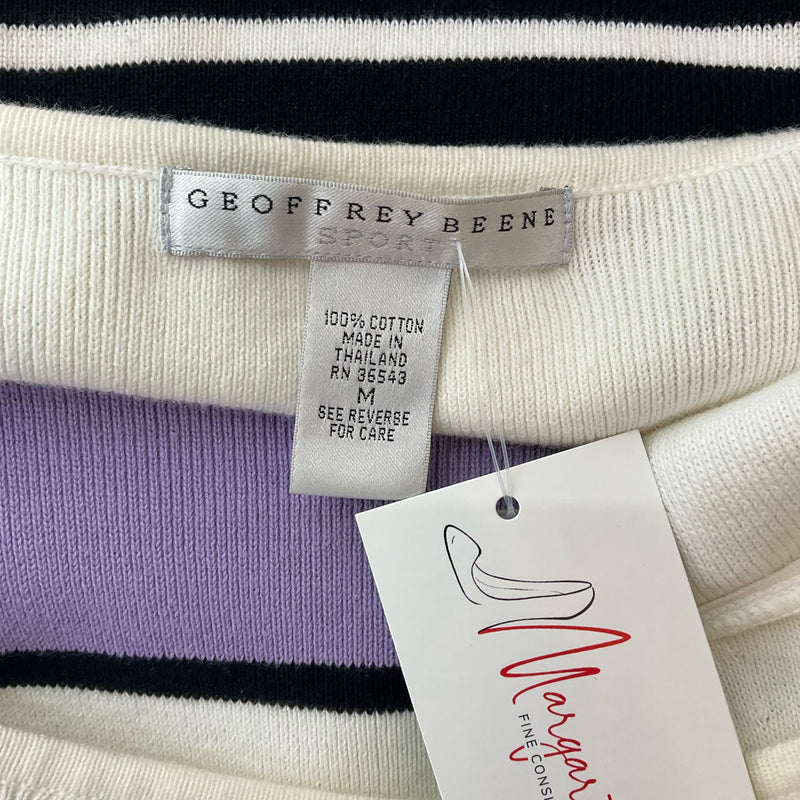 Geoffrey Beene White/Purple/Black Stripe Pre-Owned Casual Top - Size Medium - Margaret’s Fine Consignment