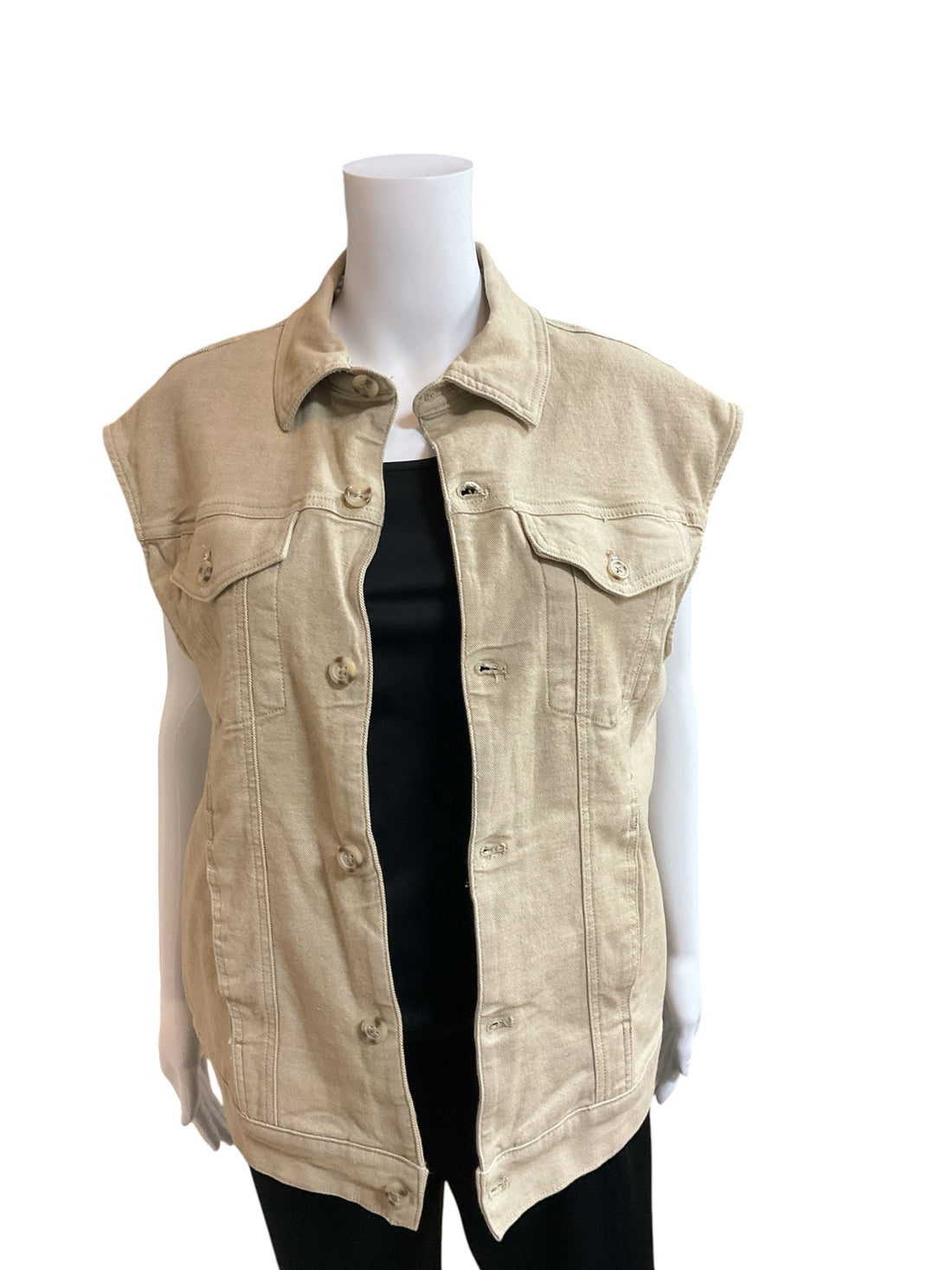 a.n.a (A New Approach) Khaki Utility Trucker Vest Raw Hem Sleeveless Jean Jacket Style Size Small